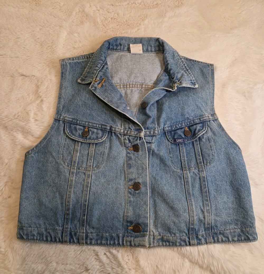 Vintage 1990 Lee Rider Denim Vest XL Medium Wash Trucker Jean Jacket Made in USA